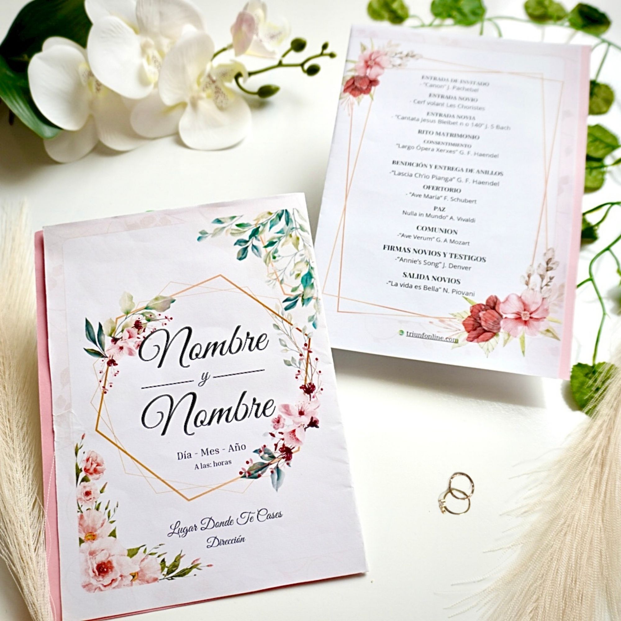 Programa musical clásico para boda elegante con diseño floral en portada de dos caras