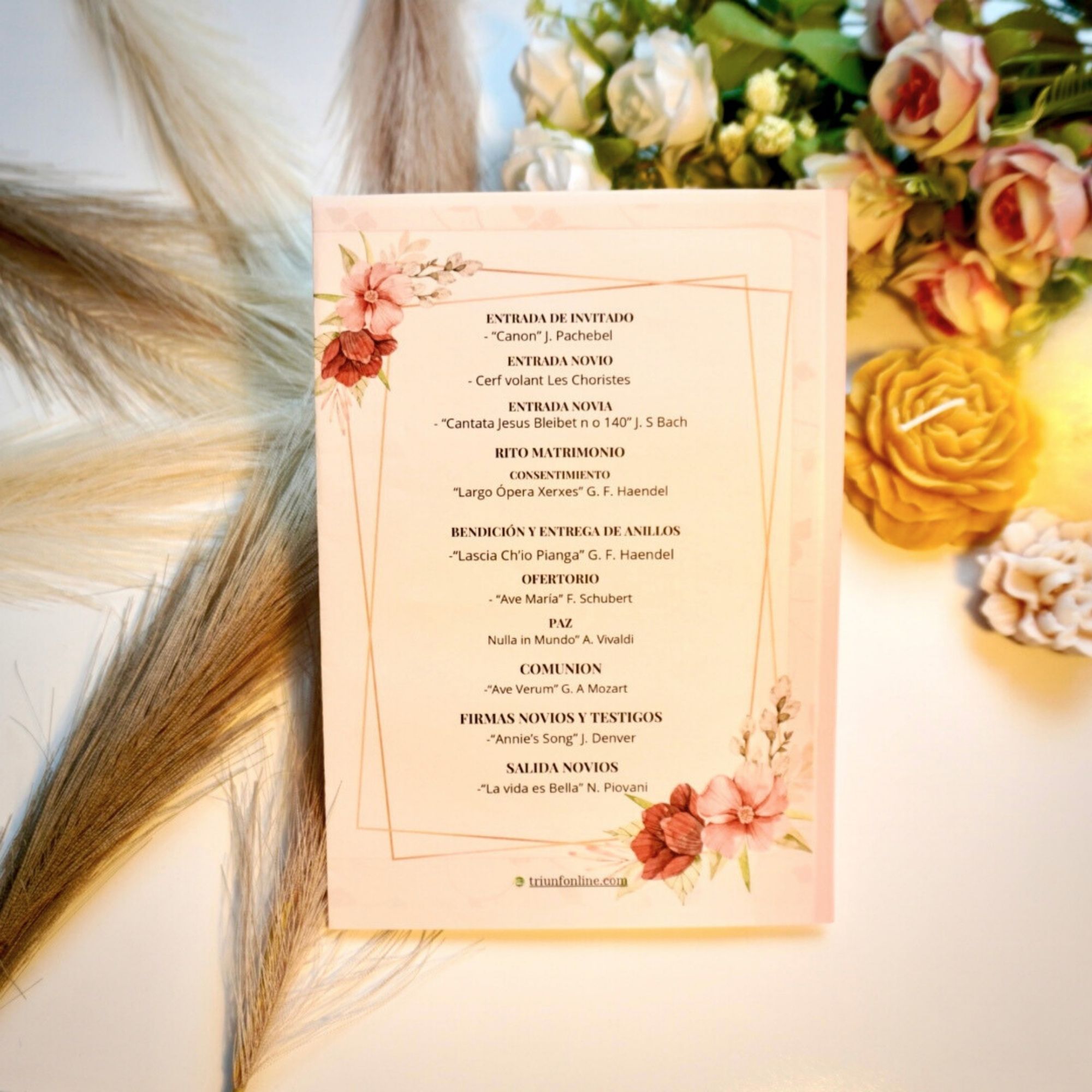 Parte trasera del programa musical clásico para boda con fondo oscuro elegante y agradable