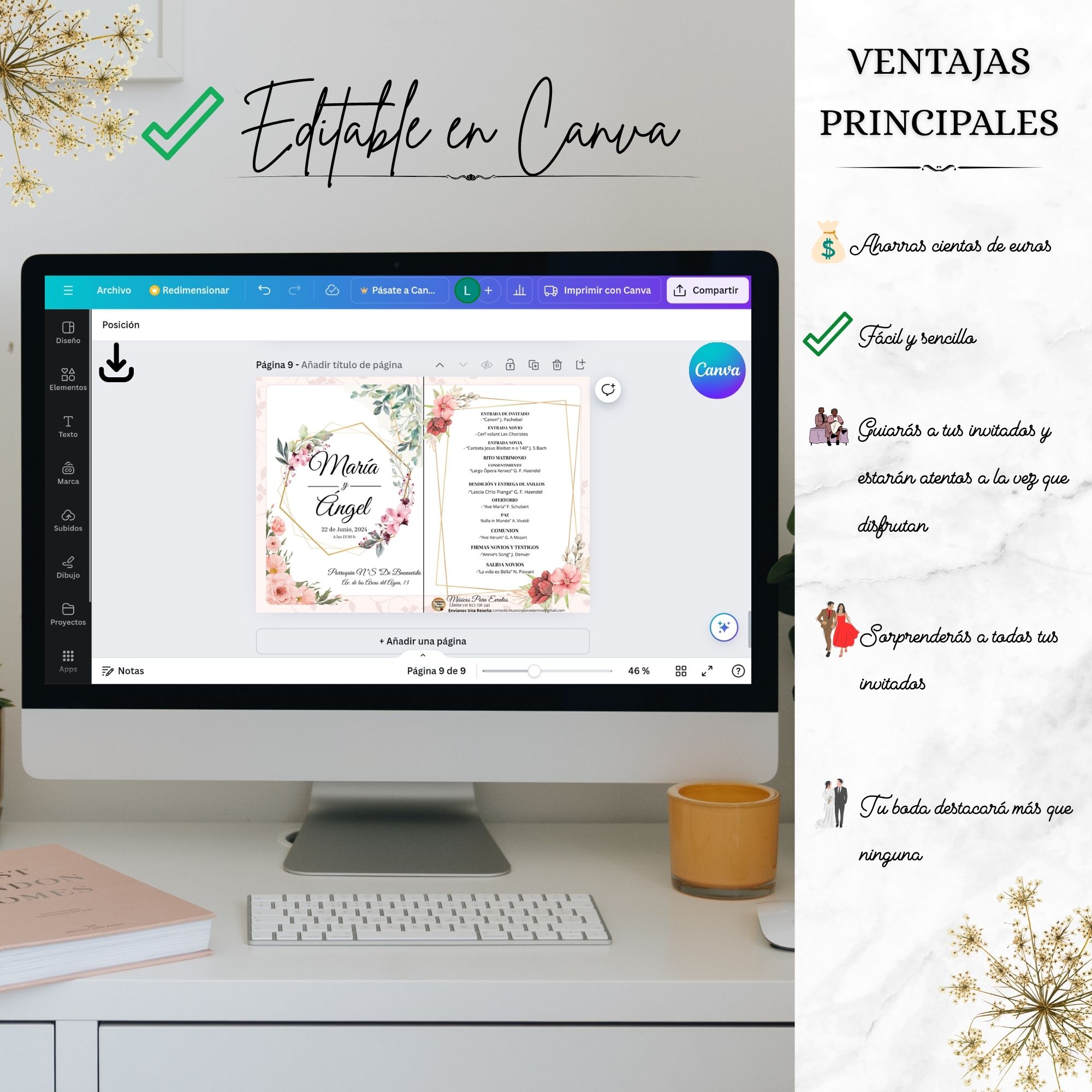 Plantilla editable en canva del programa musical clasico opcion 1 para bodas elegantes