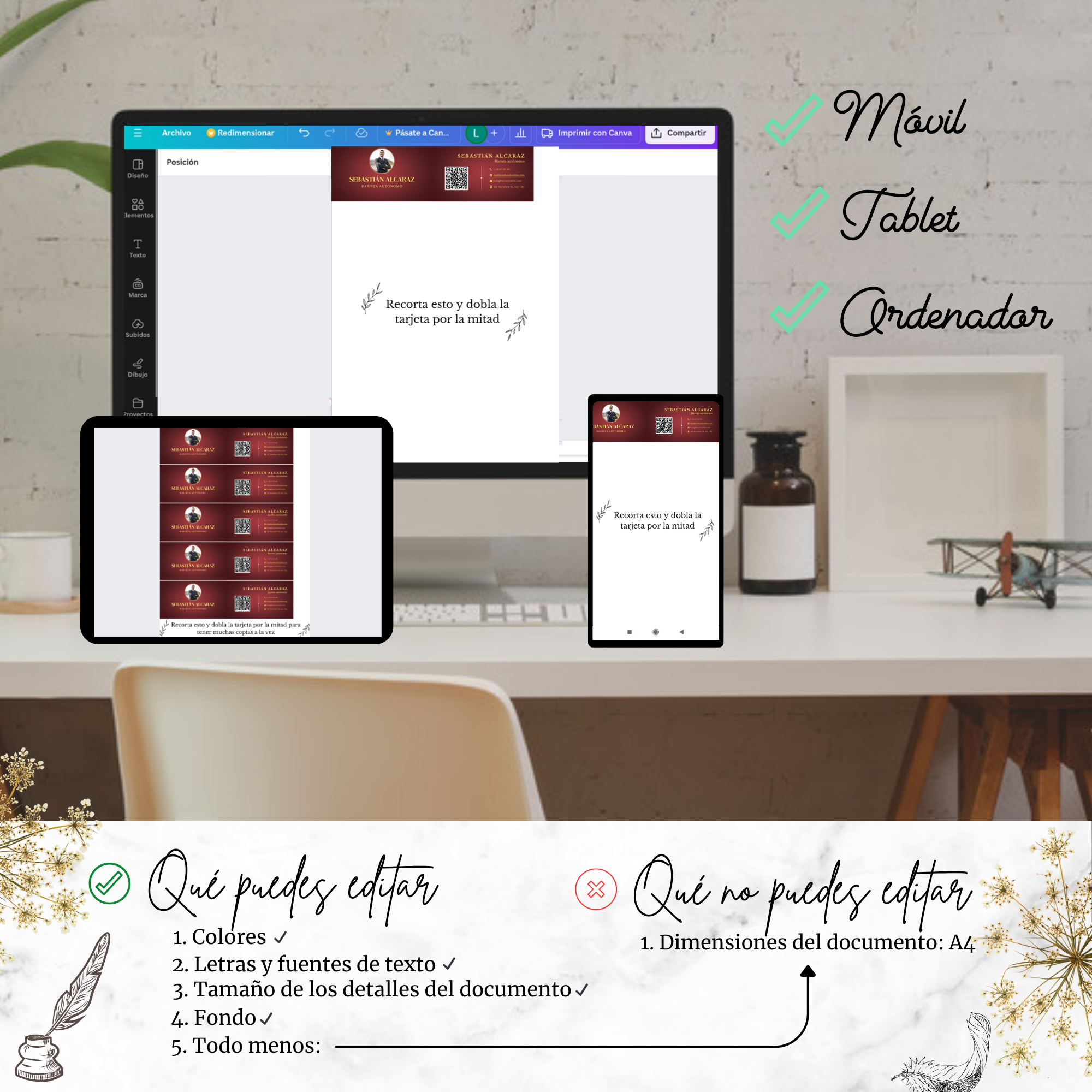 Tarjeta de visita profesional editable en múltiples dispositivos.