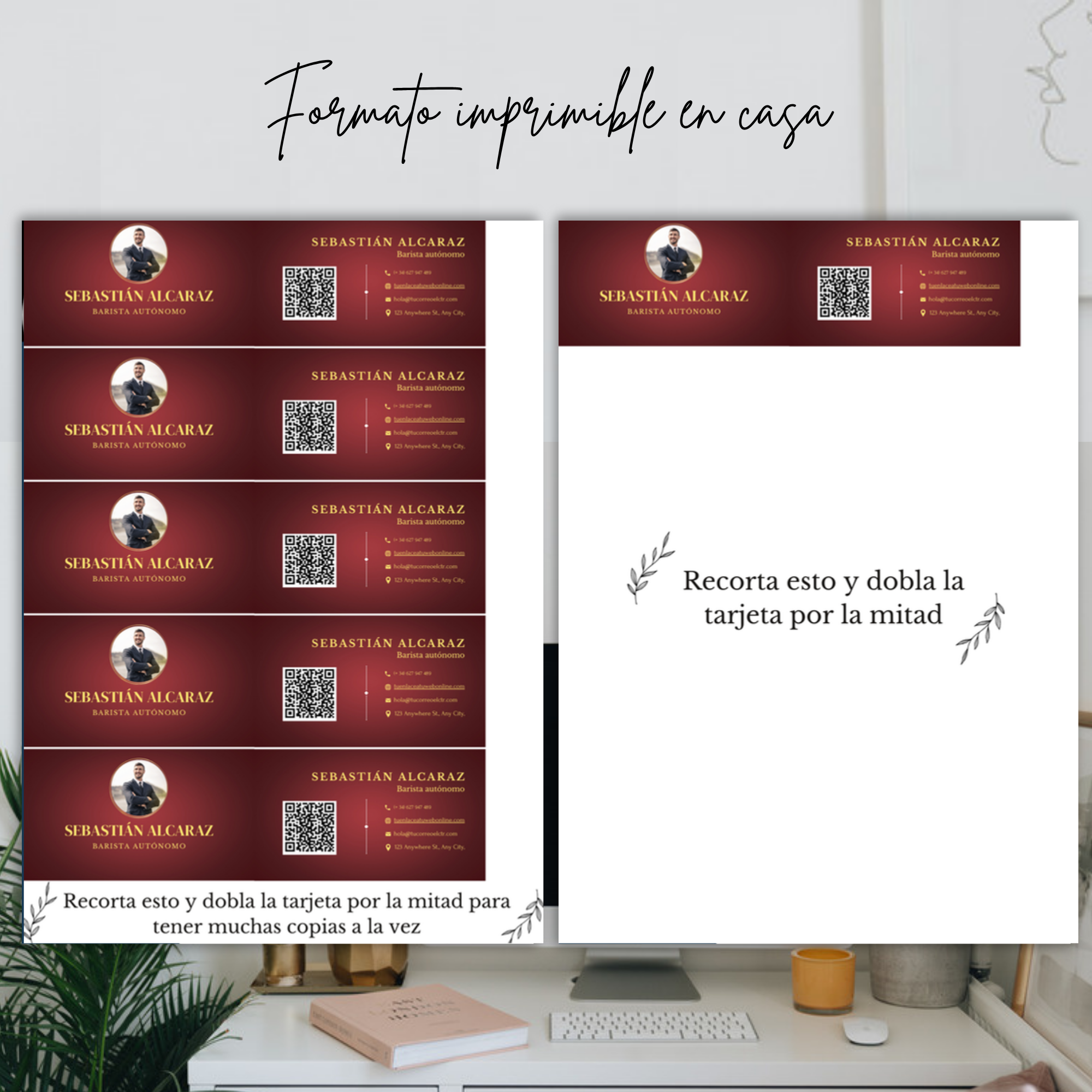 Tarjeta de visita imprimible en casa con diseño personalizable.