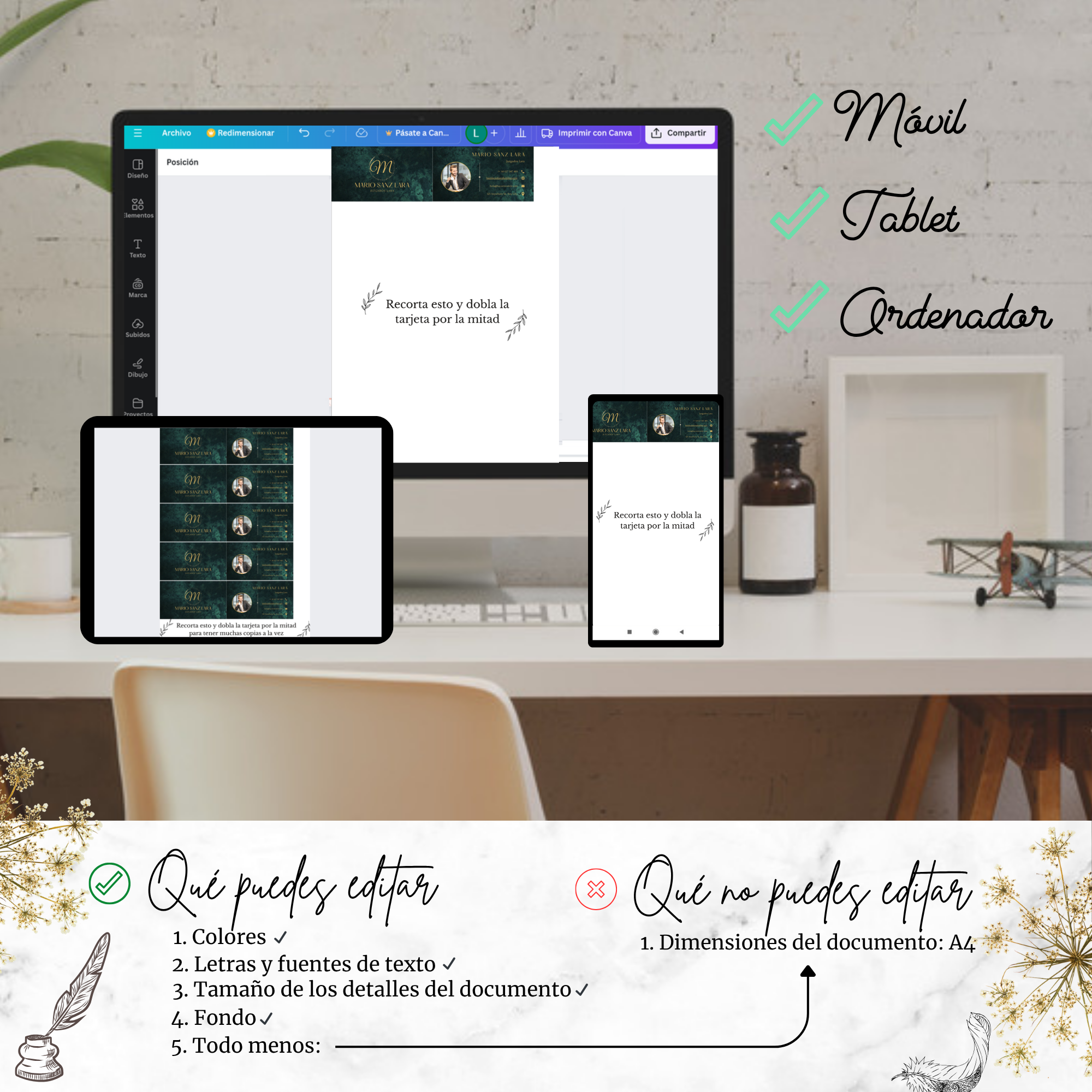 Vista de tarjeta de visita editable en múltiples dispositivos digitales.