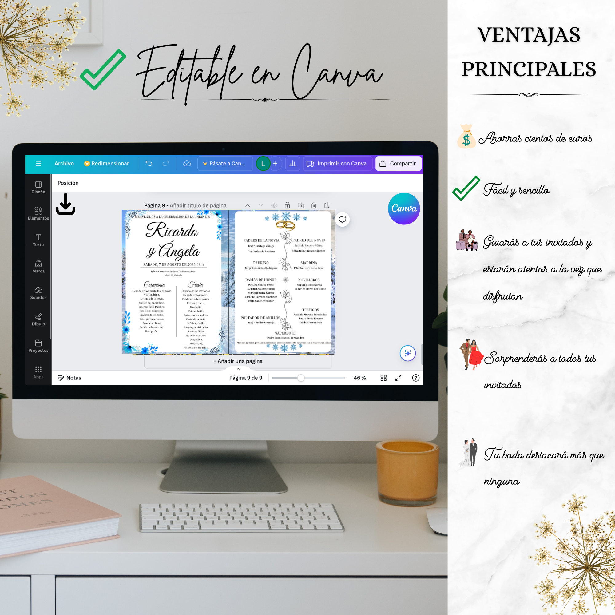 Editable en Canva — programa completo de boda