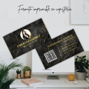 Formato imprimible en copistería de tarjeta de visita profesional doble cara.