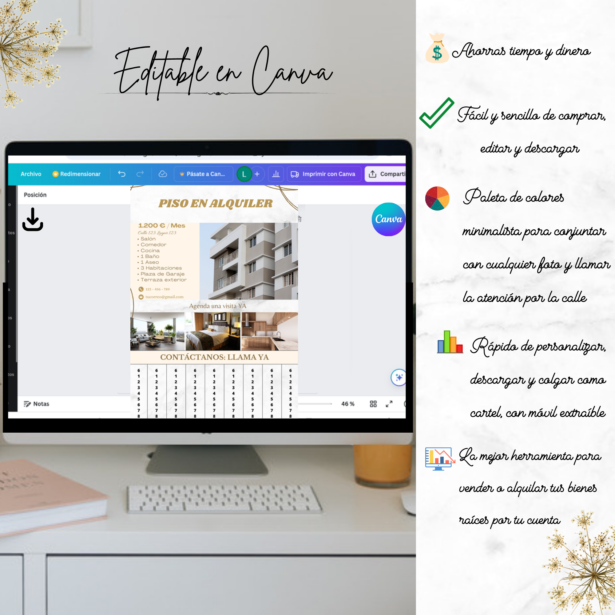 Producto editable en Canva mostrando su portadas y facturas.