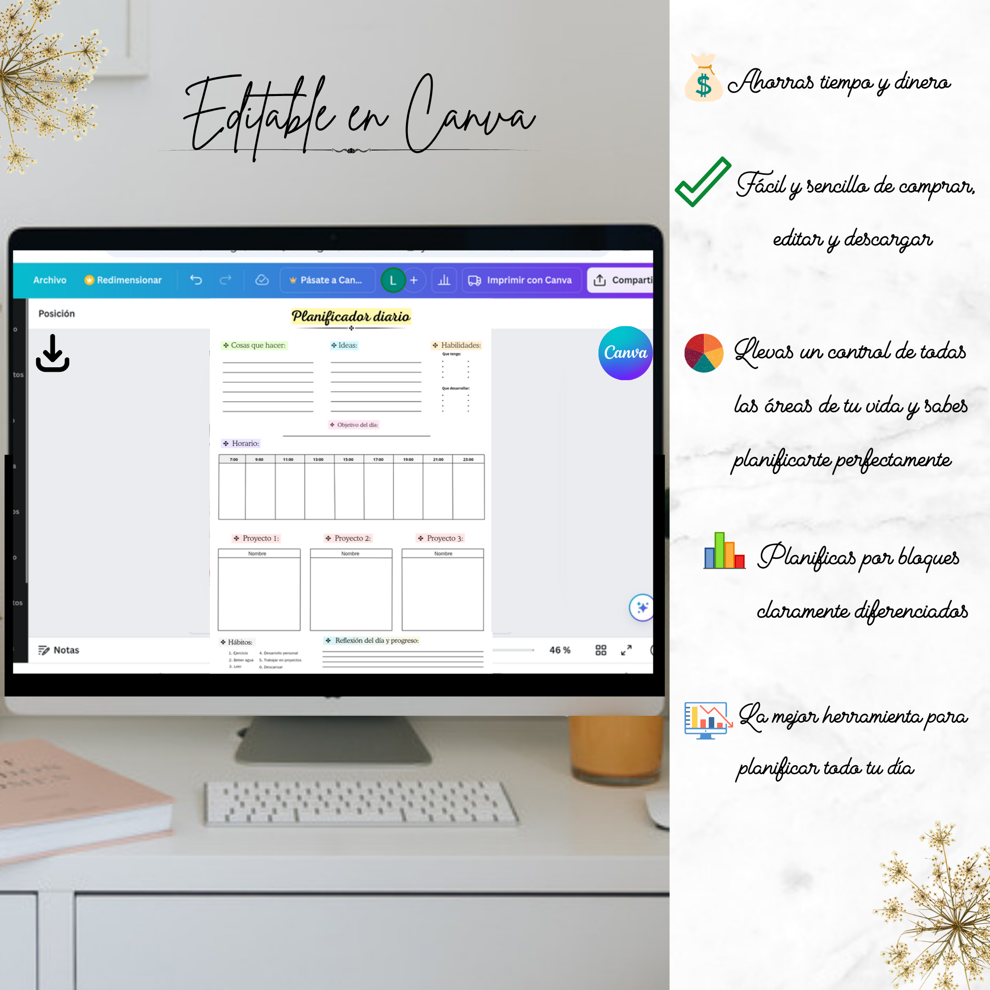Planificador diario editable en Canva sobre mesa