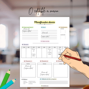 Planificador diario editable a mano sobre escritorio