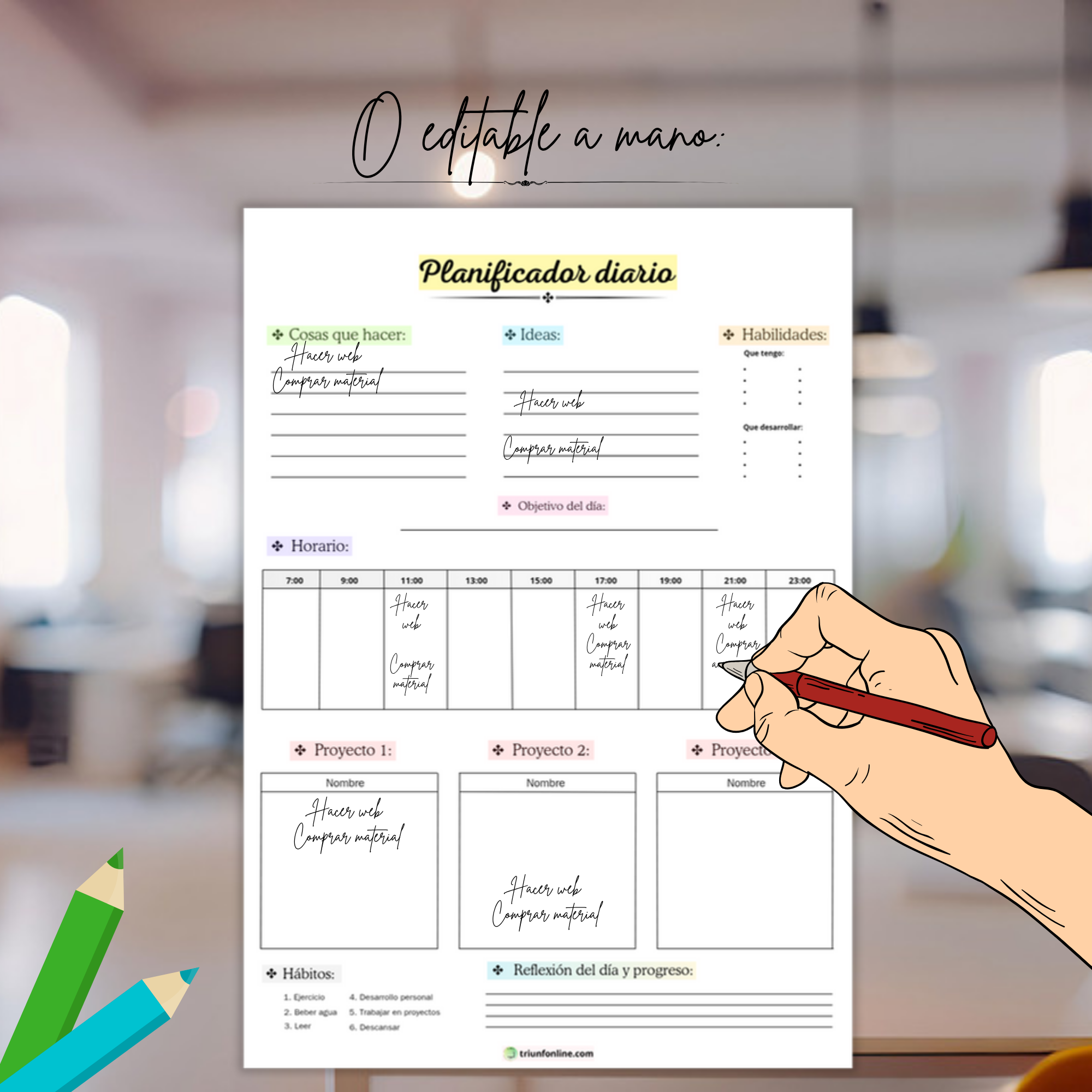 Planificador diario editable a mano sobre escritorio