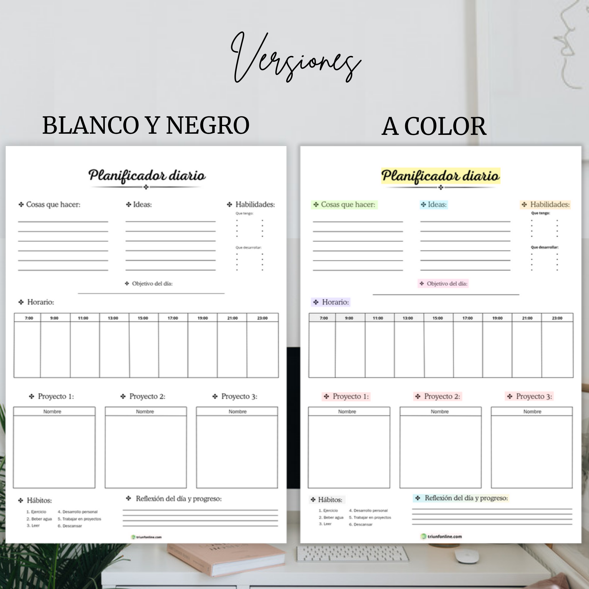 Planificador semanal de Triunfonline en versiones blanco y negro y a color