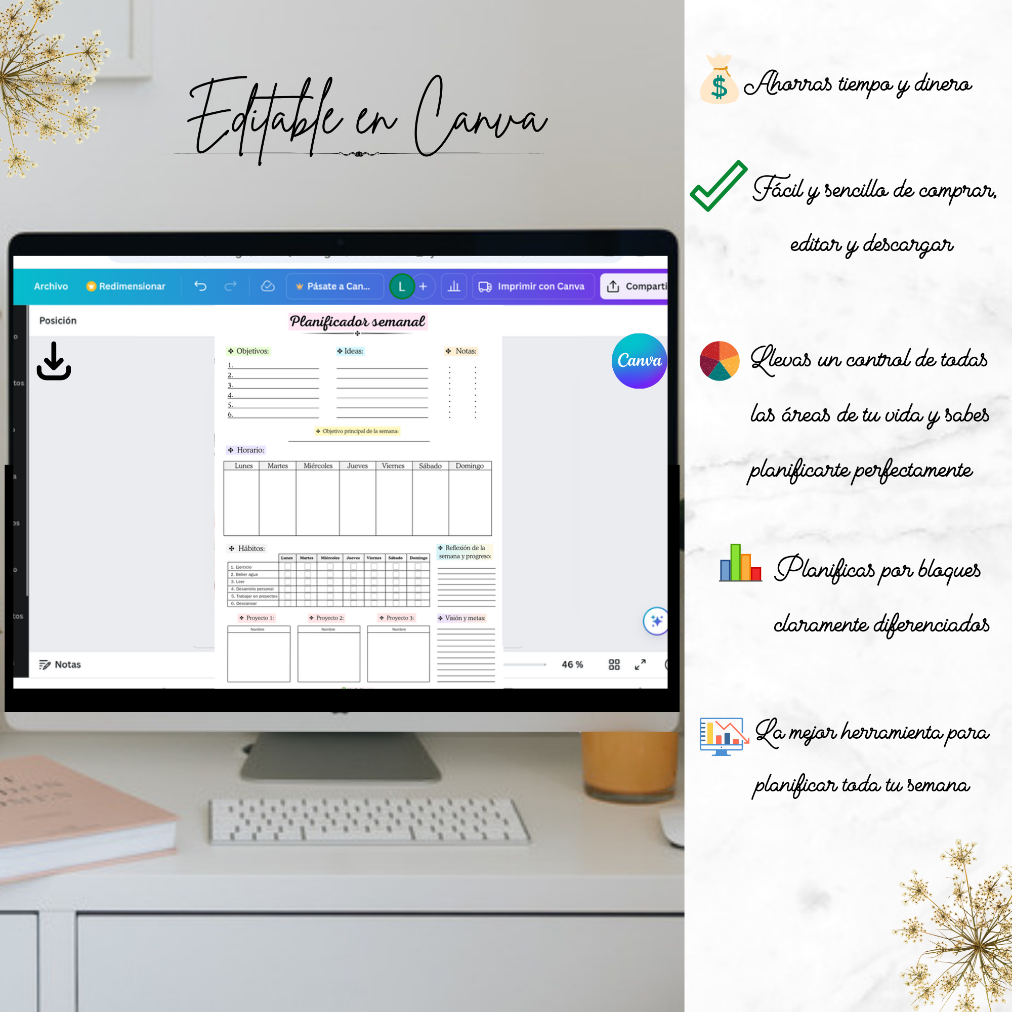 Planificador semanal editable en Canva sobre mesa