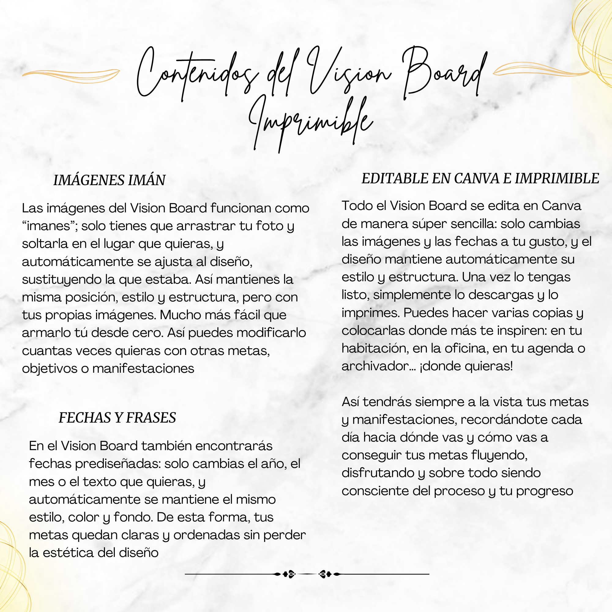 Contenido del VisionBoard imprimible.