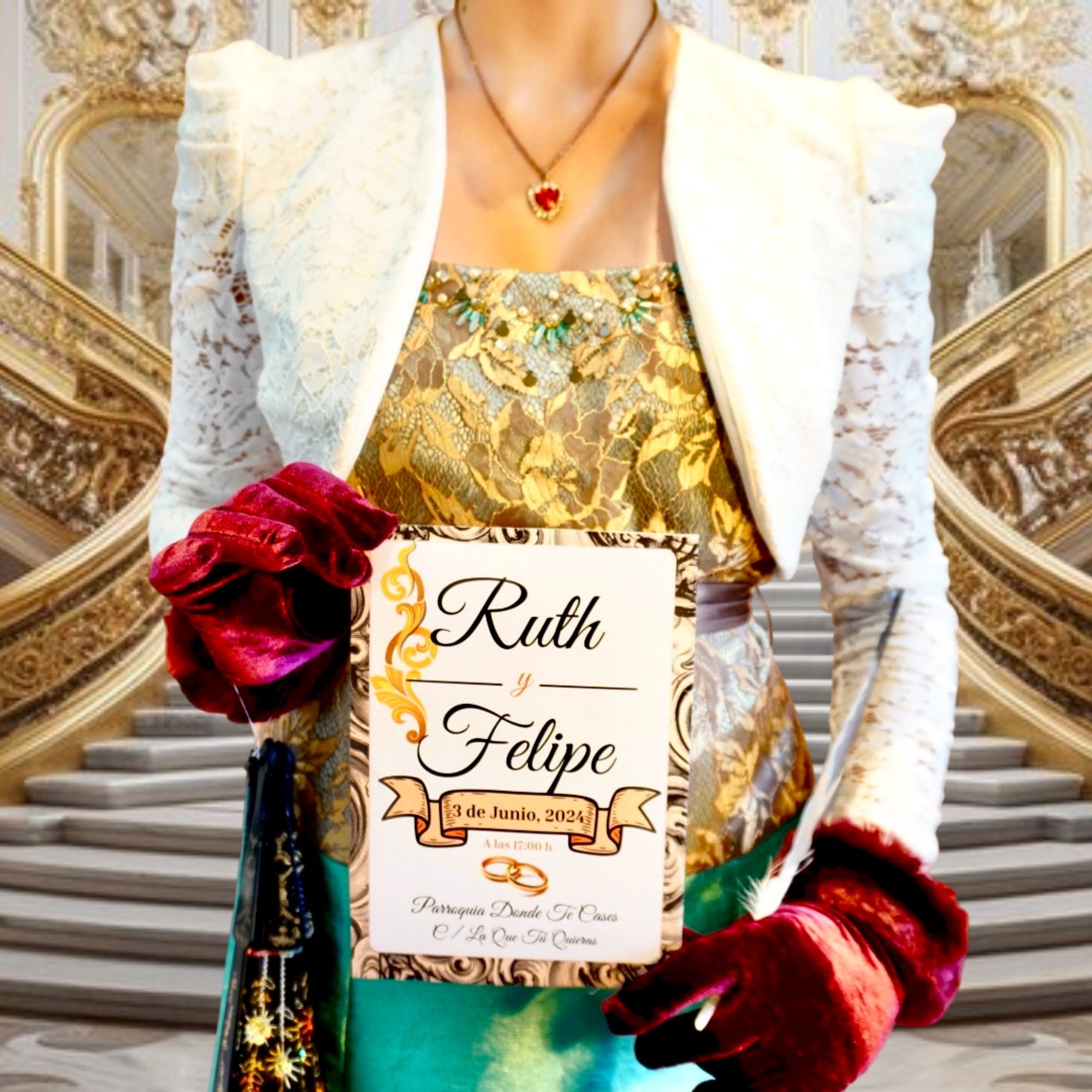 Mujer con guantes sosteniendo programa musical barroco exclusivo