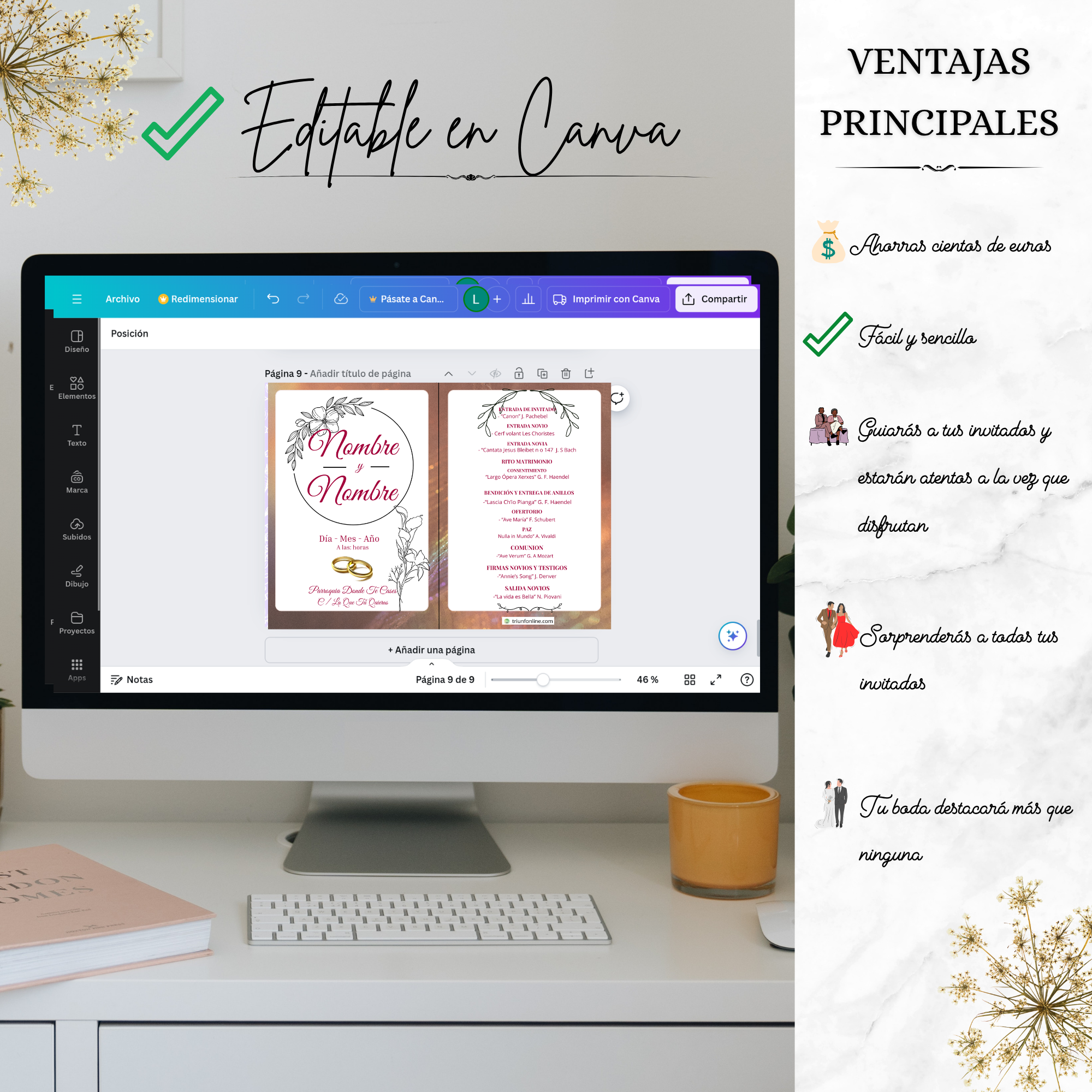 Permite modificar colores, textos y tipografía según las necesidades del evento.