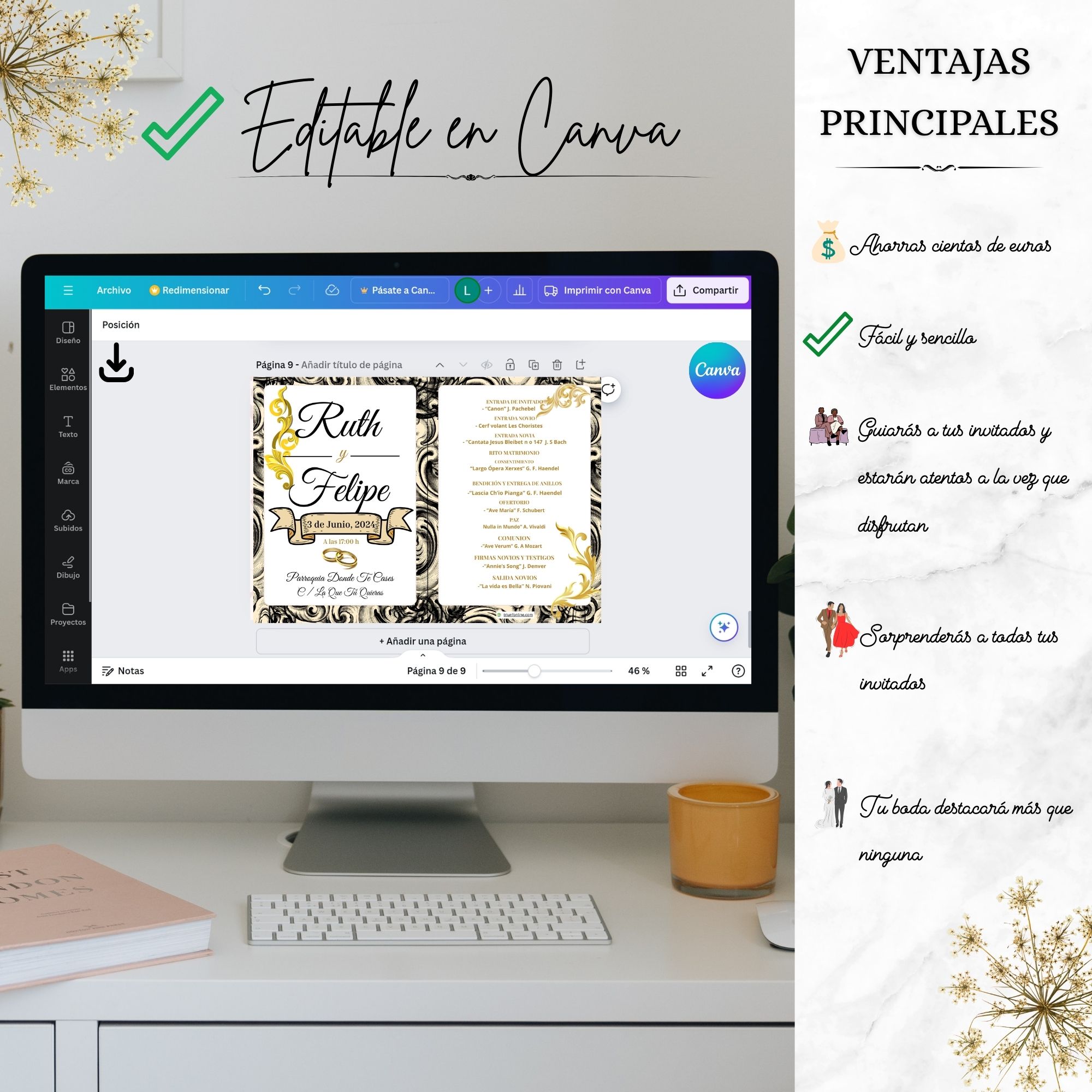 Programa musical barroco editable en Canva listo para personalizar