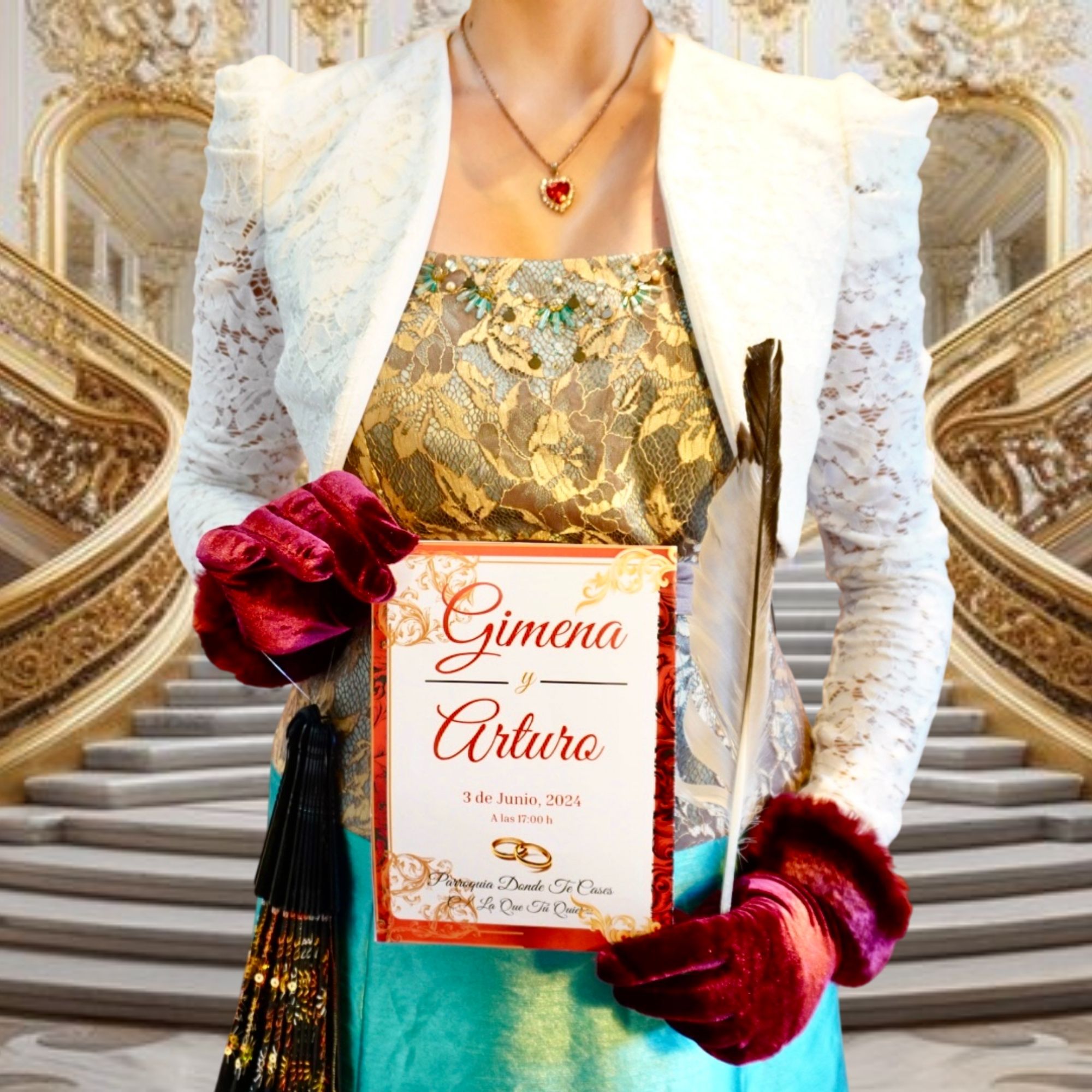 Mujer con guantes mostrando programa musical barroco premium