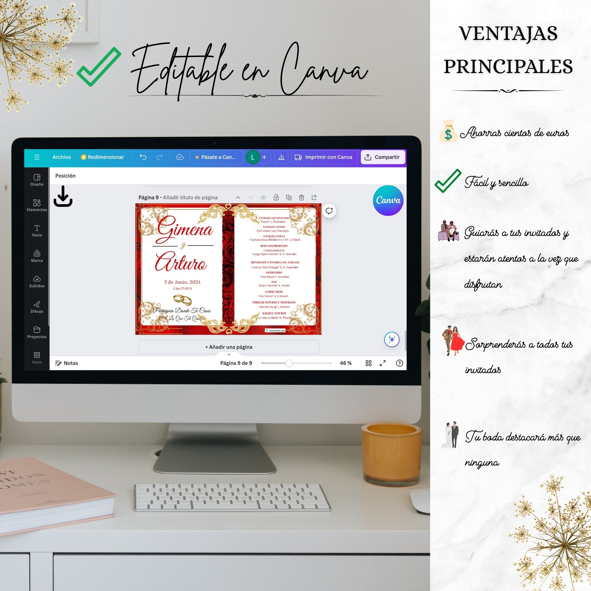 Programa musical barroco editable en Canva para bodas