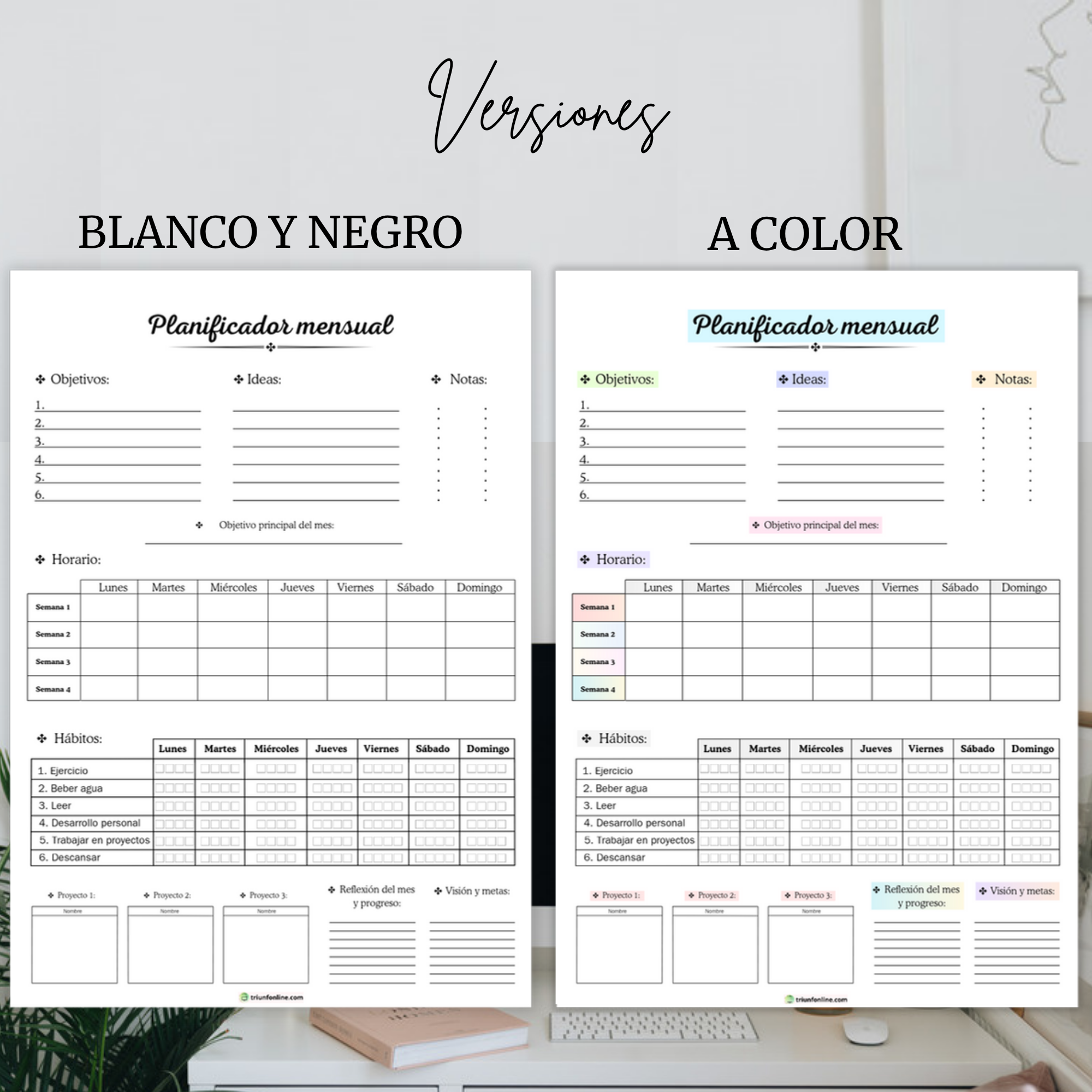 Planificador semanal blanco y negro y a color juntos