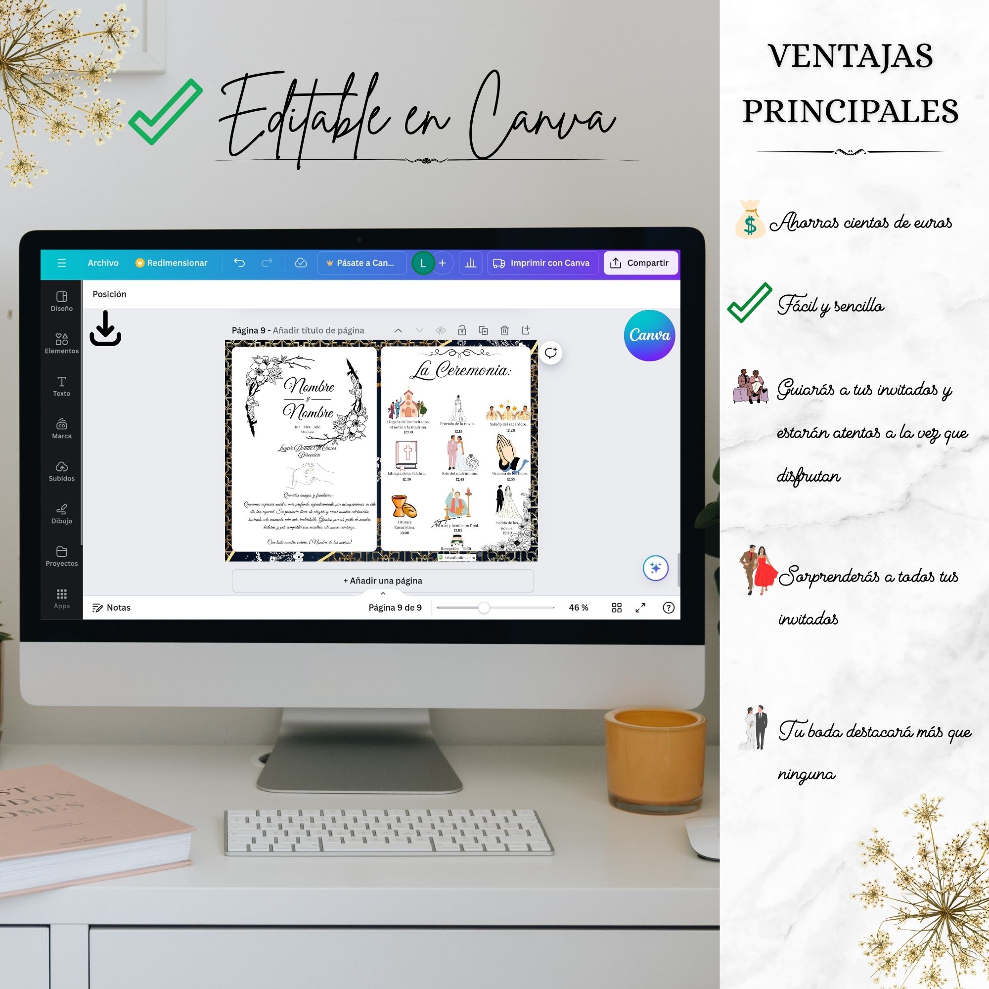 Programa de ceremonia barroco editable en Canva para personalizar bodas