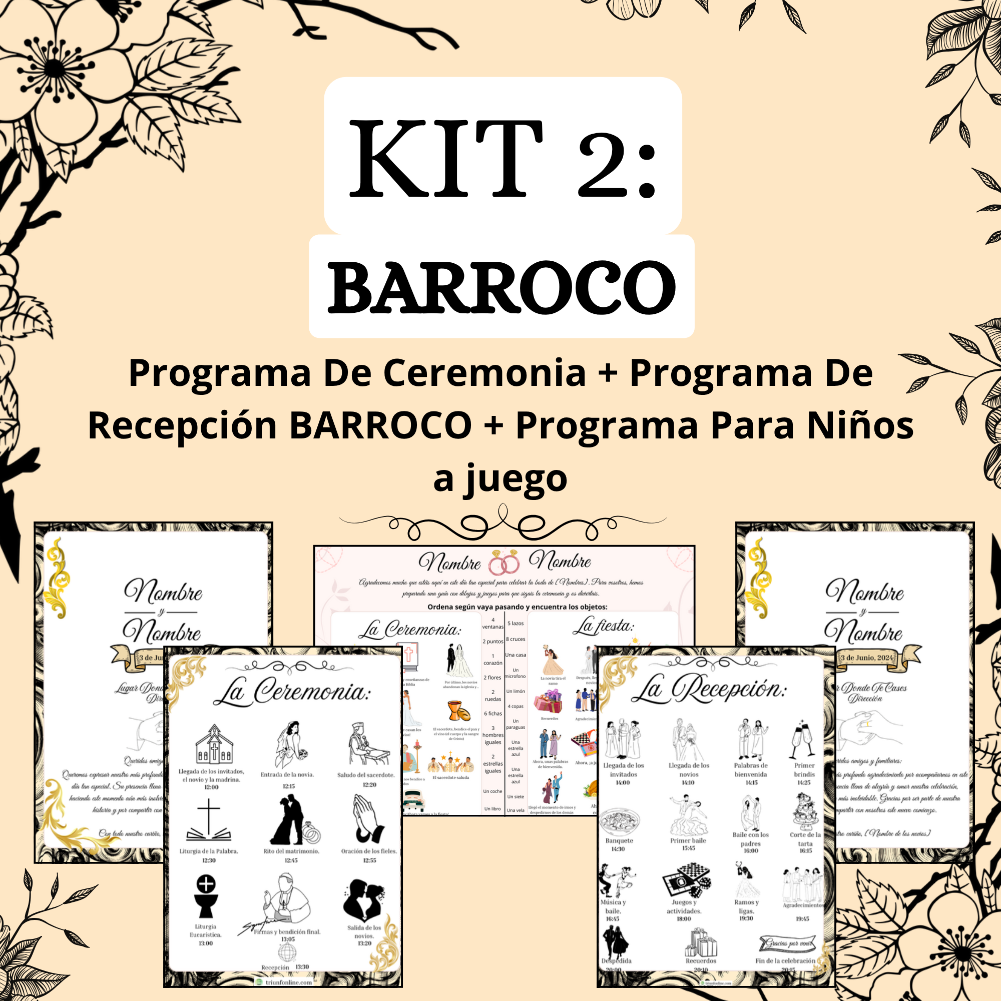 KIT 2: Programa De Ceremonia + De Recepción + Para Niños BARROCOS a Juego