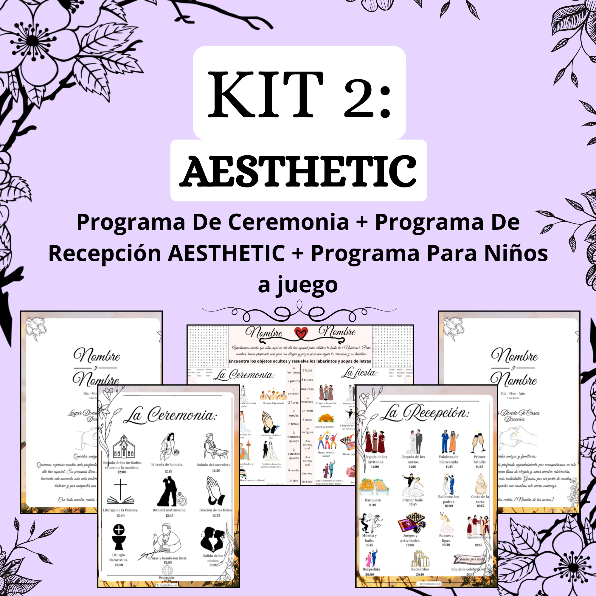 KIT 2: Programa De Ceremonia + De Recepción + Para Niños AESTHETICS a Juego