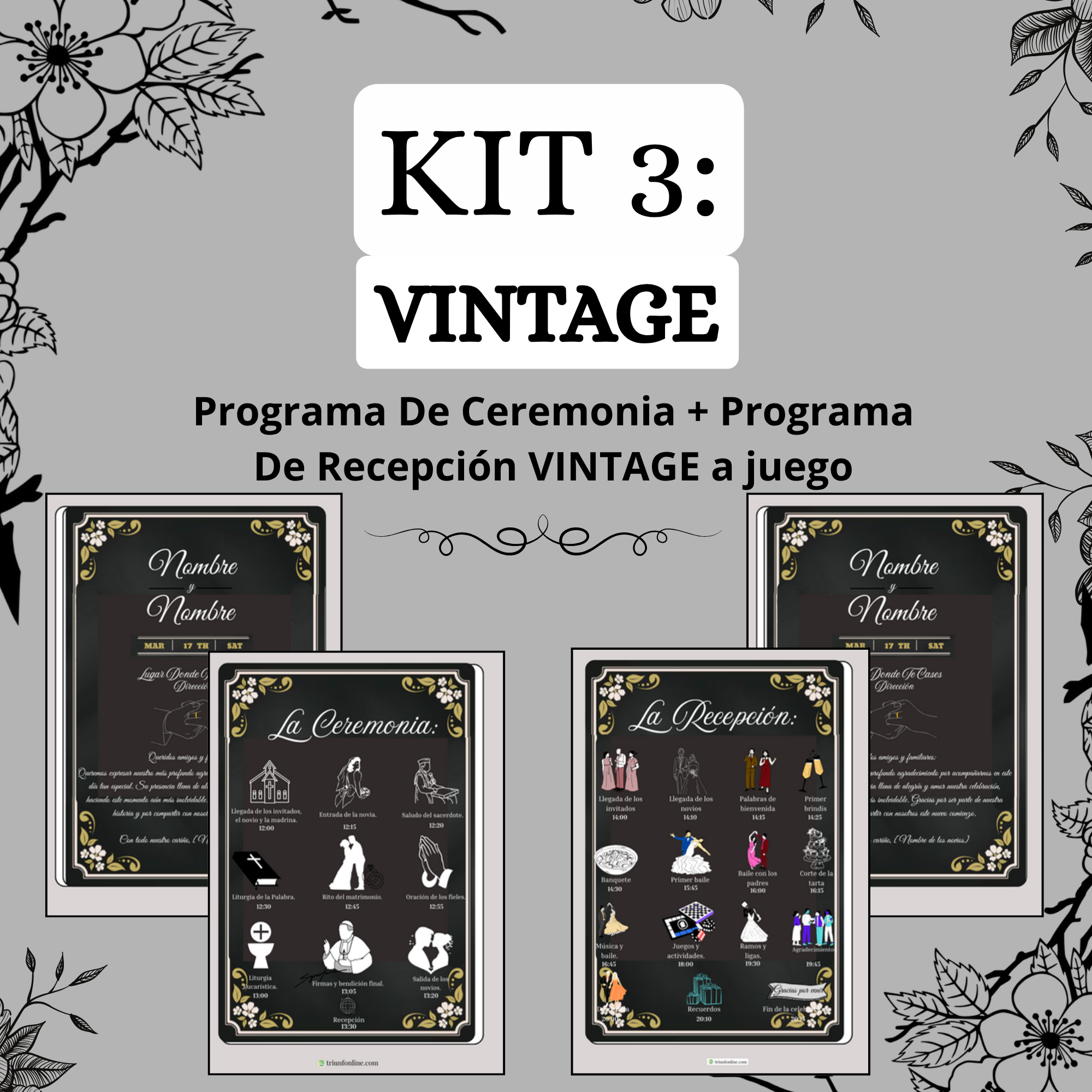 KIT 3: Programa De Ceremonia + De Recepción VINTAGE a Juego