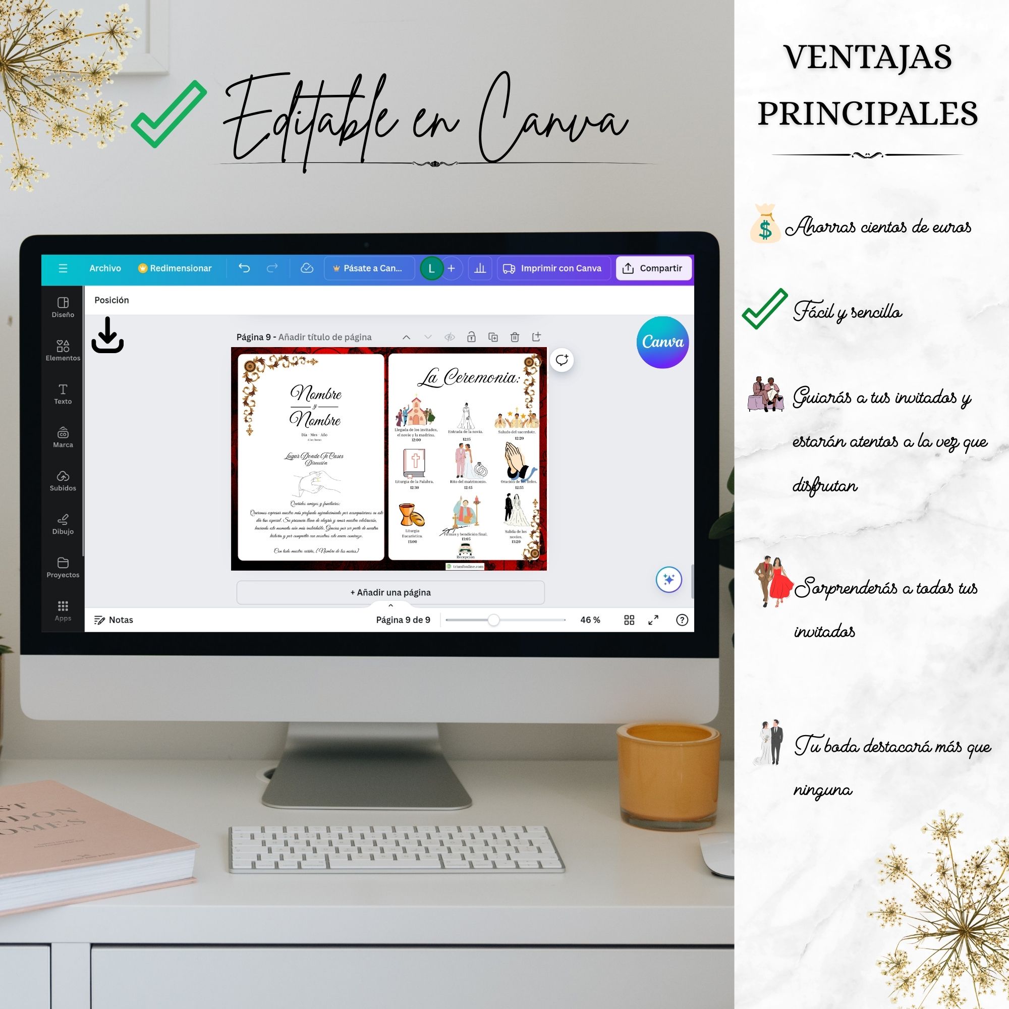 Programa de ceremonia barroco editable en Canva – Triunfonline