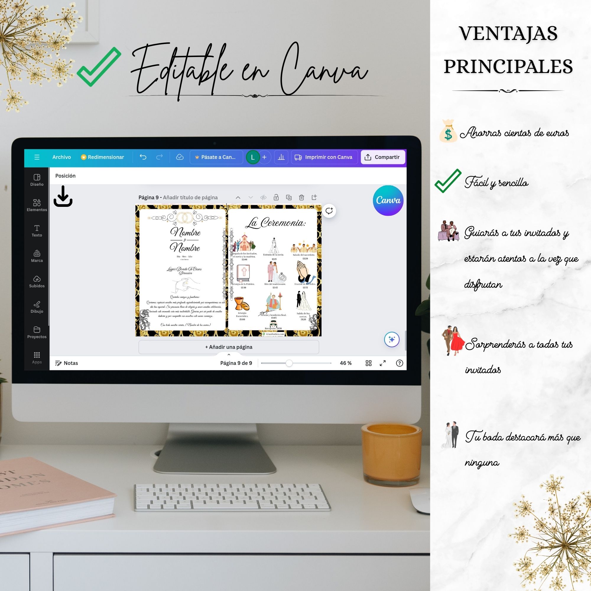 Programa de ceremonia barroco personalizable en Canva para bodas