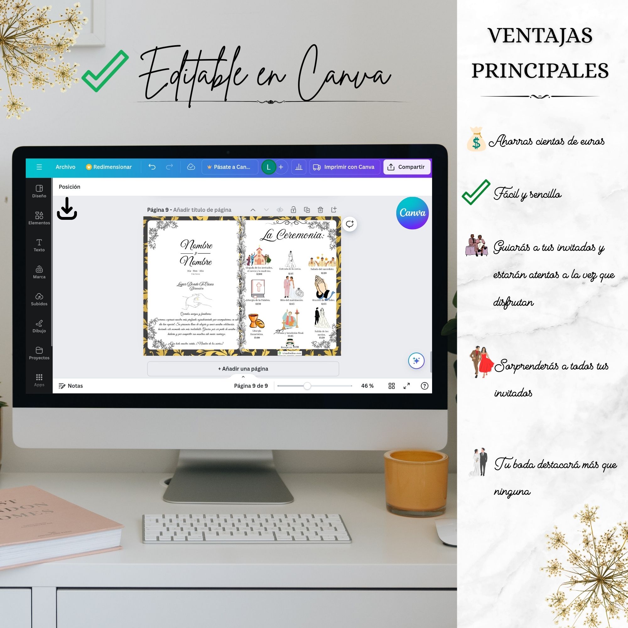 Programa de ceremonia barroco editable en Canva para bodas