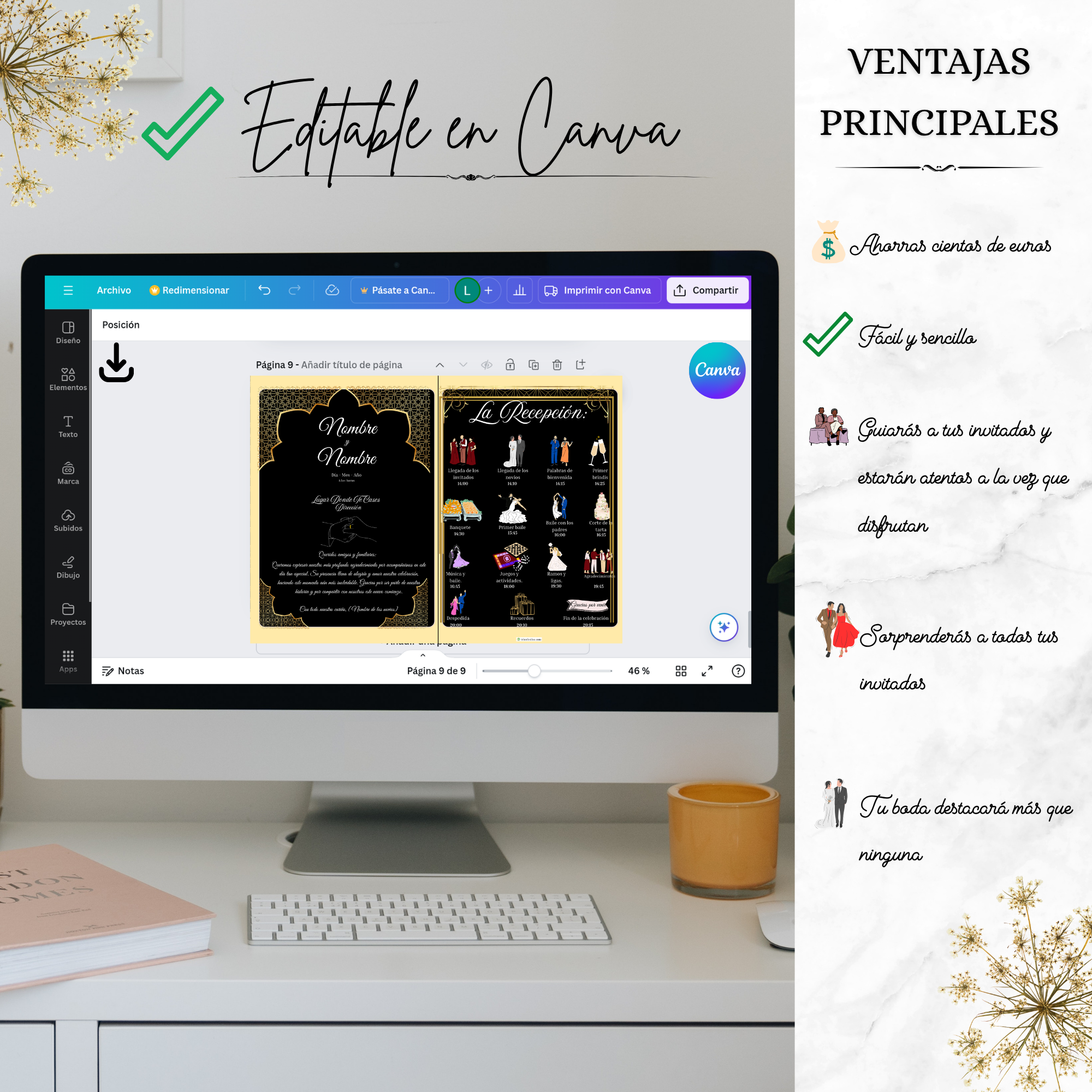 Formato editable para adaptar el contenido del programa de recepción de manera sencilla y profesional.