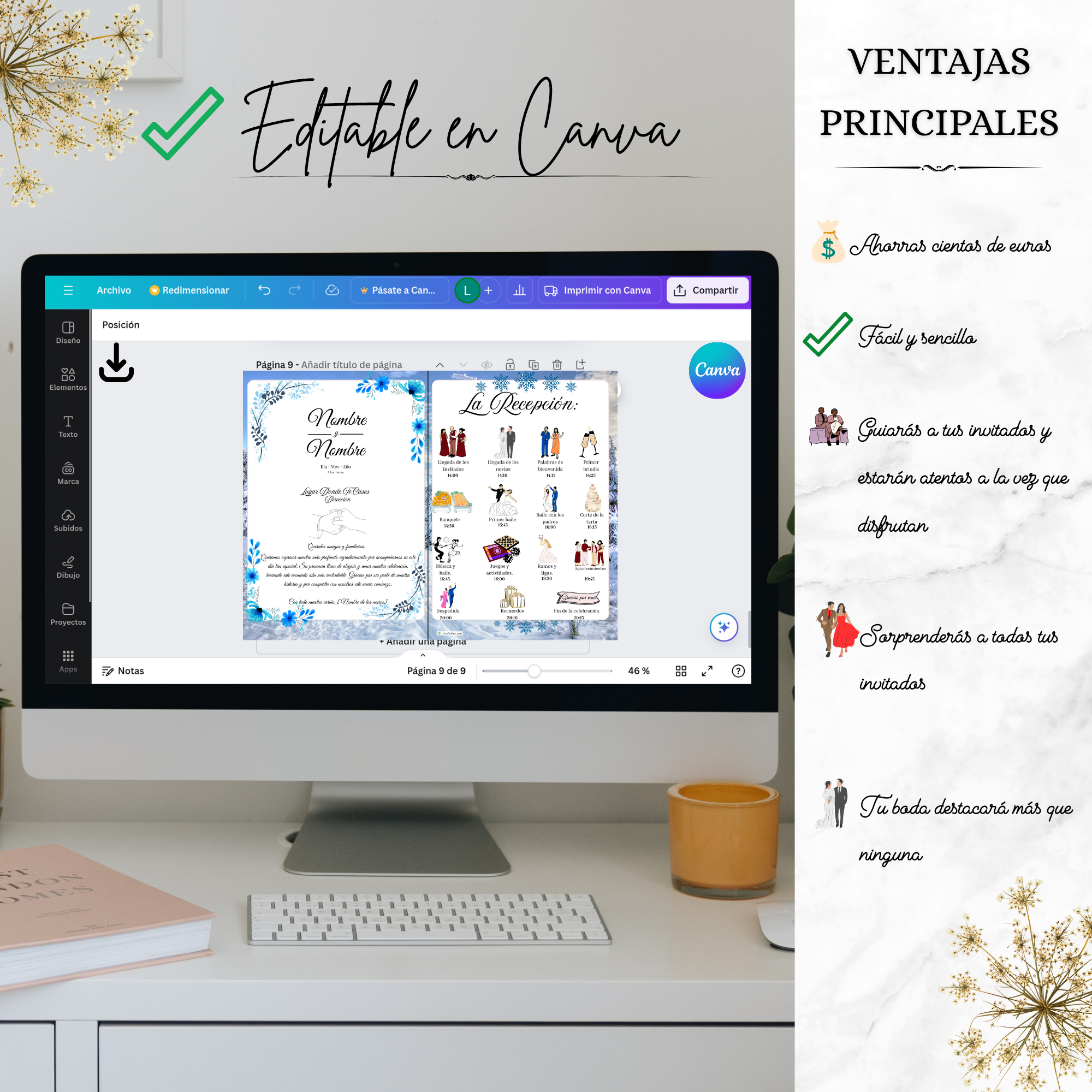 Editable en Canva — programa de recepción