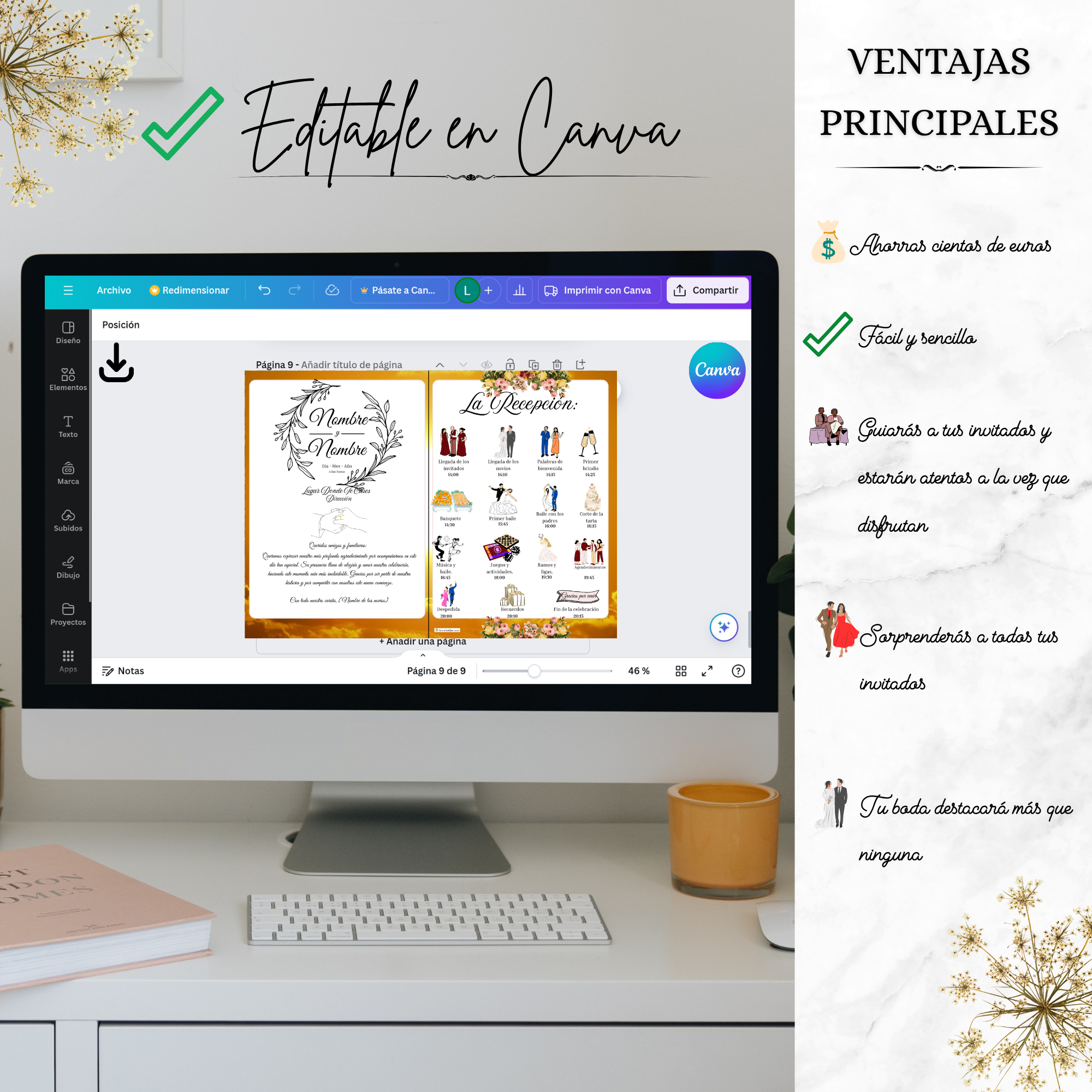 Editable en Canva — programa de recepción