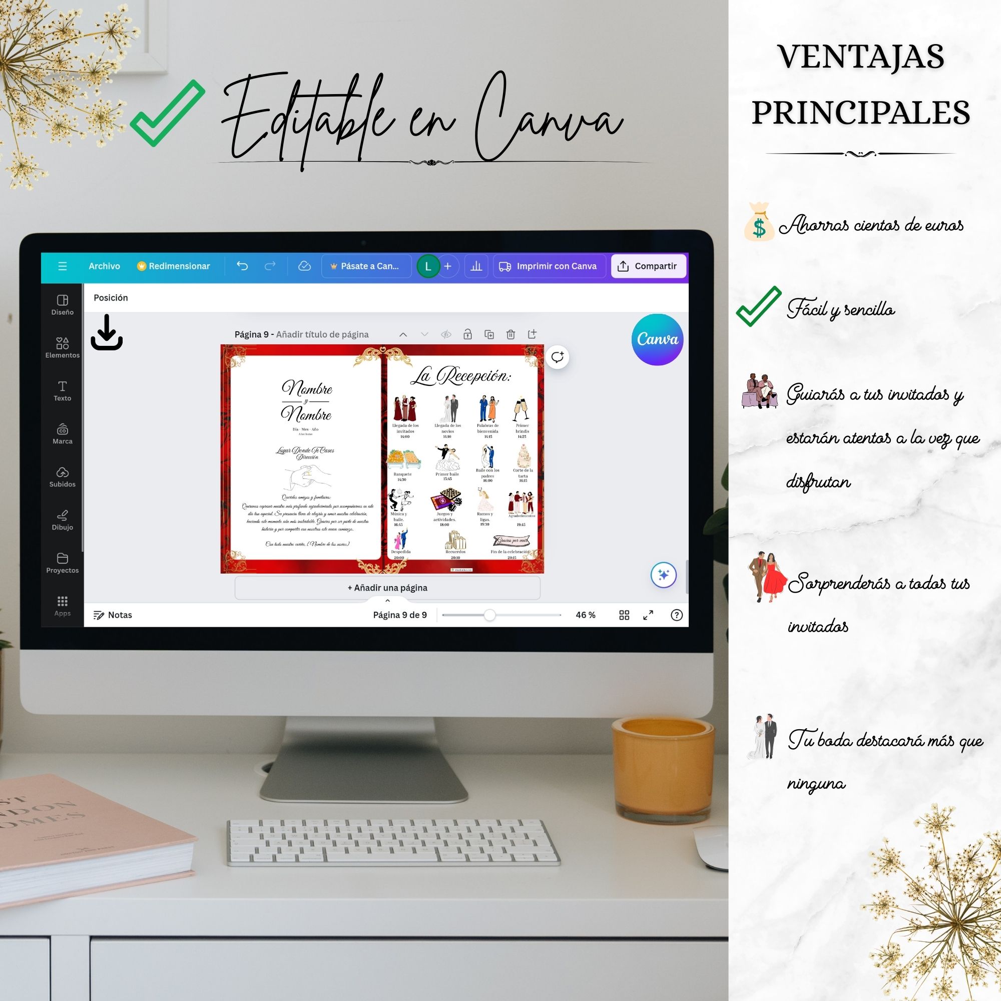 Programa de recepción barroco editable y premium en Canva – Triunfonline