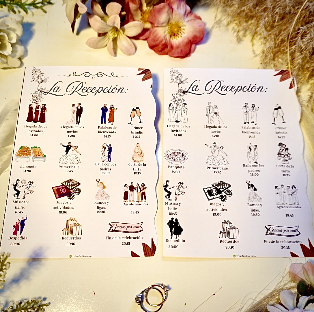 Parte de atrás del programa de recepción, diseño elegante y editable en Canva