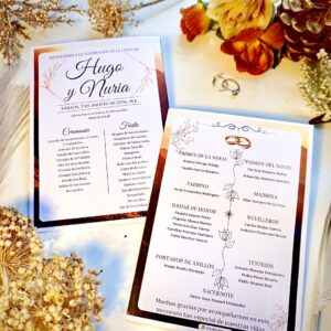Muestra completa del programa de boda, tanto portada como contraportada, ideal para planificación y presentación profesional del evento.