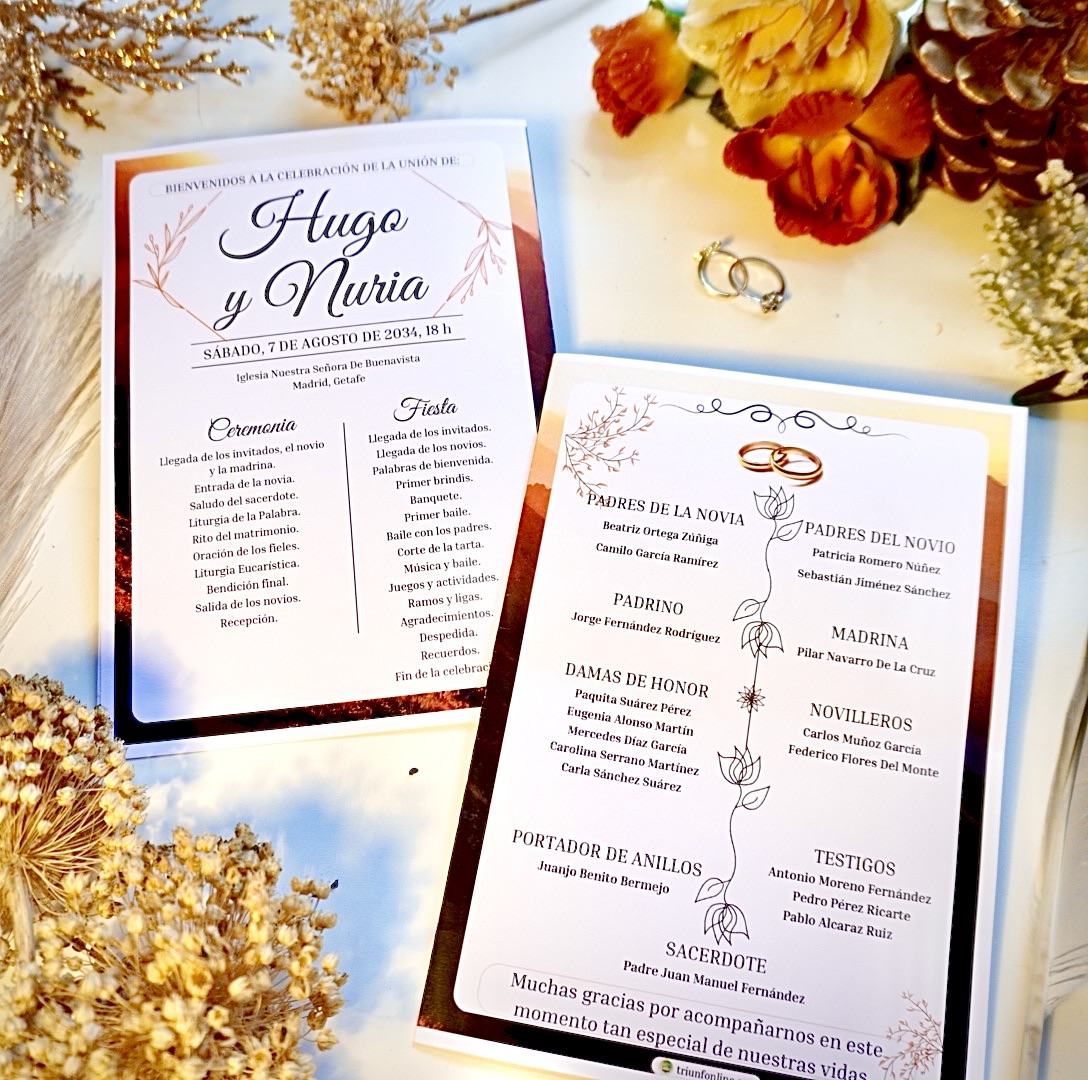 Muestra completa del programa de boda, tanto portada como contraportada, ideal para planificación y presentación profesional del evento.