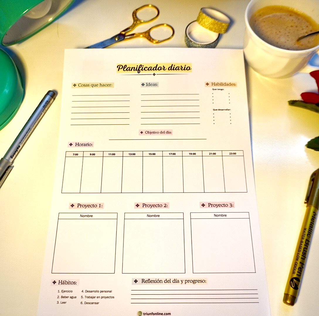 Planificador diario de Triunfonline mostrando versiones a color y blanco y negro lado a lado