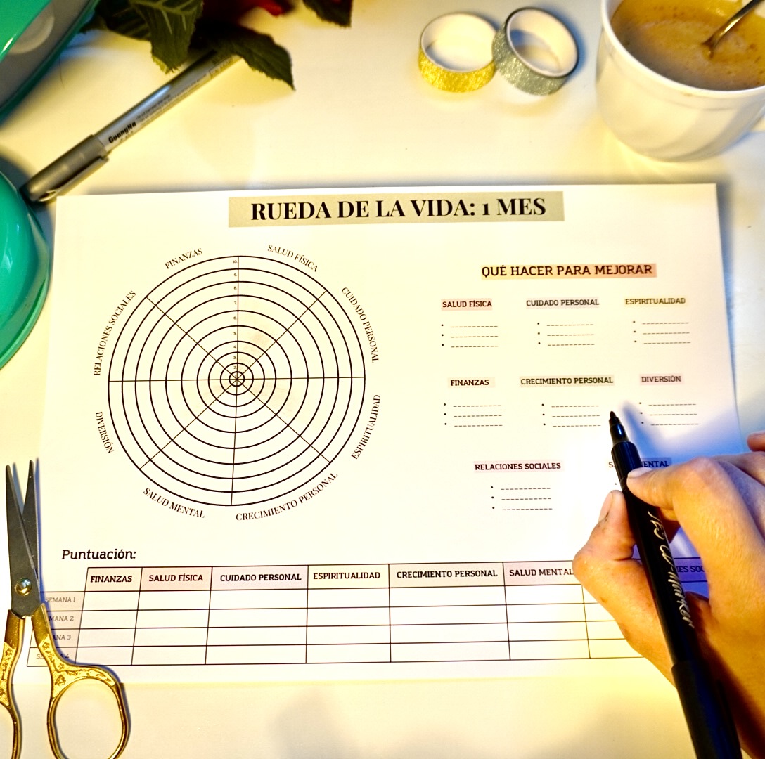 Mano modificando la Rueda de la Vida con bolígrafo