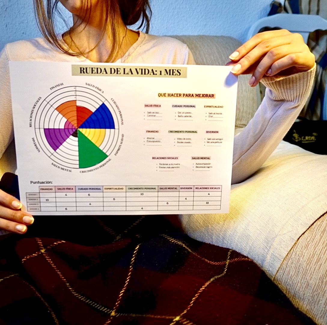 Chica sosteniendo la Rueda de la Vida impresa sobre fondo neutro